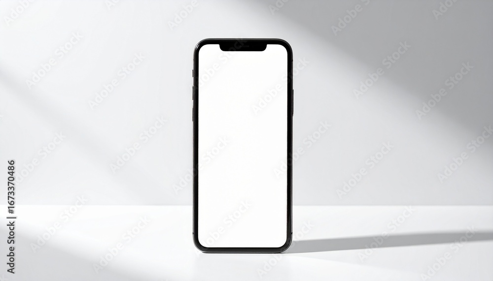 Poster modern smartphone with a blank white screen for mockup on a minimal sunlit surface with soft shadows