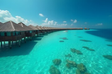Obraz premium Welcome to Maldives – glowing turquoise sign on overwater villas above crystal-clear lagoons, cinematic 4K. 