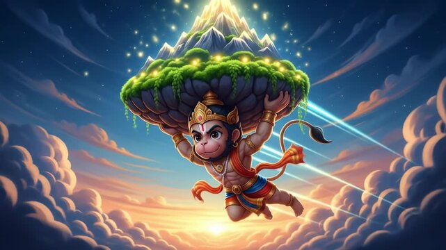 Cartoon Depiction of Divine Monkey God Flying with Mountain, Glowing Sky, Illustrating Strength and Devotion in a Whimsical, Religious Celebration