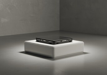 Black External Hard Drive on White Square Display Pedestal with Studio Lighting