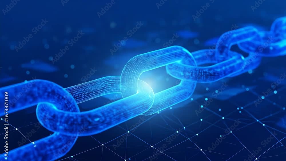 Poster abstract blue digital blockchain chain link network with connected nodes artificial intelligence on 