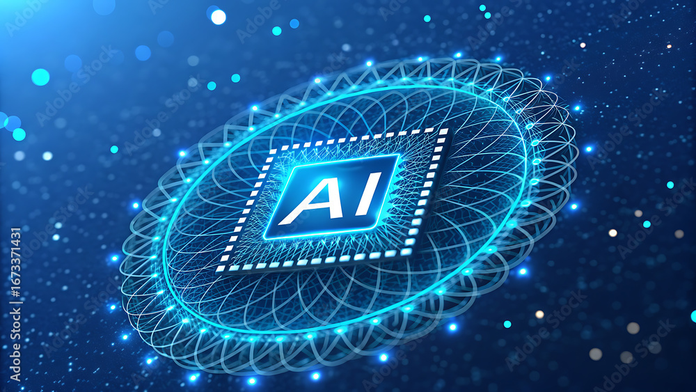 Poster ai chip icon within glowing blue digital network and particles artificial intelligence