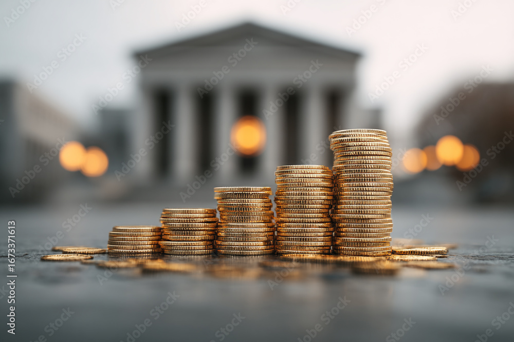 Poster gold coins stacked in ascending order against a blurred background of a classical building