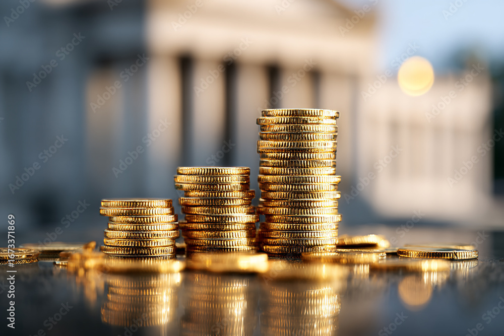 Poster golden coins stacked in increasing size against a blurred building background symbolizing growth and