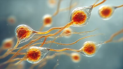 Closeup of glowing neurons with intricate branching structures, symbolizing brain activity and neural connections in a scientific context