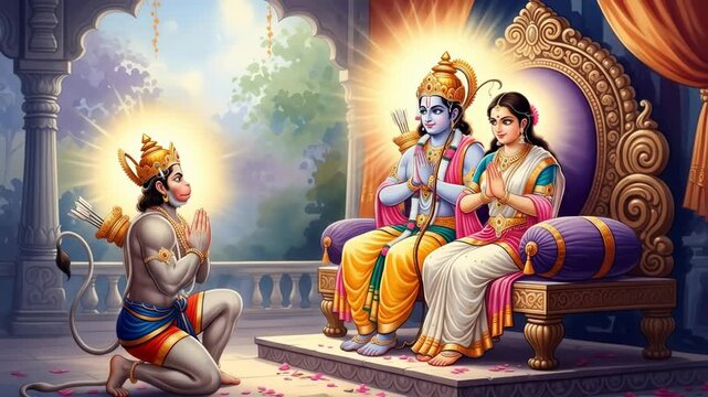 Devotional Illustration of Lord Rama and Sita Enthroned with Hanuman in Prayer, Divine Light and Traditional Indian Art Style, Ideal for Religious and Cultural Celebrations