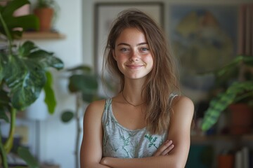 Portrait of young smiling female student standing at home in front of the camera, dressed in a casual outfit, with arms crossed over her chest, confident in her surroundings, Generative AI