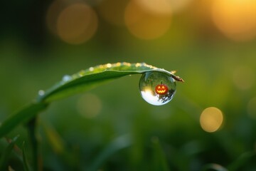 A small pumpkin reflection is visible in a dewdropon a green leaf at sunset.