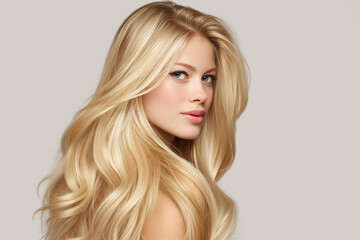 Close-up portrait of blonde woman with shiny wavy hair on light gray background.