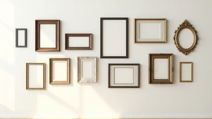 Assorted empty picture frames on wall empty frames
