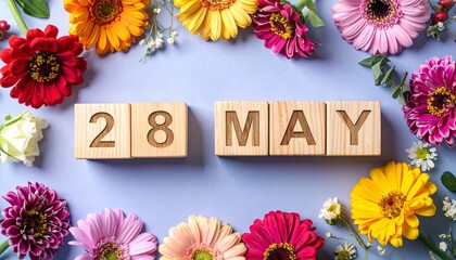 Wooden Blocks with Date 28 May. Floral Calendar – Vibrant Flowers on Solid Colored Background