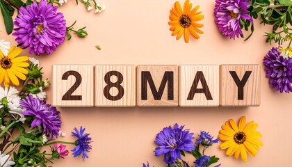 Wooden Blocks with Date 28 May. Floral Calendar – Vibrant Flowers on Solid Colored Background