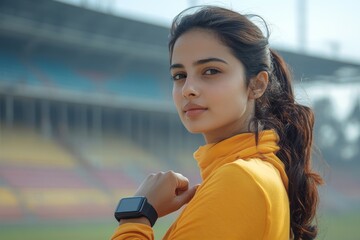 Active Indian woman uses a smartwatch and smartphone while jogging in the stadium outdoors, managing her fitness and staying connected while achieving her goals, Generative AI