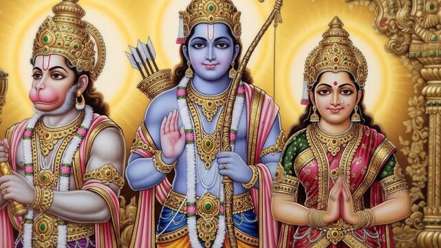 Divine Trio A Traditional Depiction of Lord Rama, Sita, and Hanuman in Ornate Attire and a Glowing Aura, Ideal for Religious and Cultural Purposes