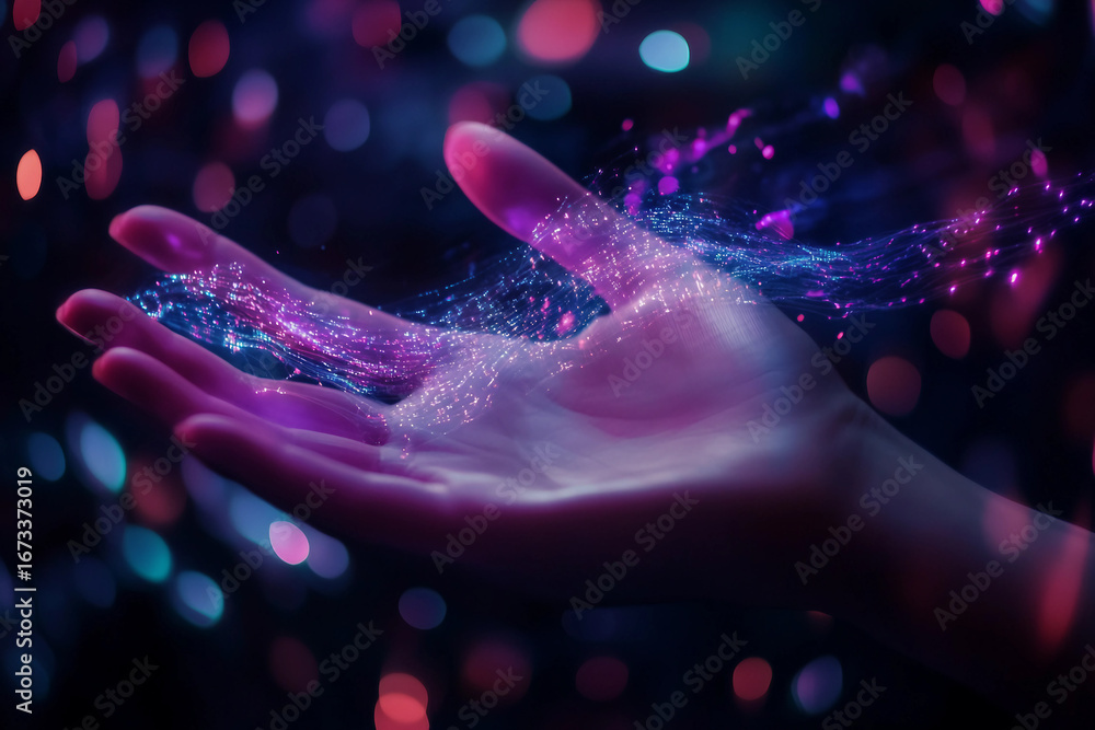 Poster interacting with digital holographic interface in futuristic virtual space innovation scene, generat