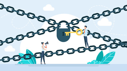 Man holding key and unlocking the lock. Concept data security, privacy access and digital protection. Successful businessman and businesswoman working together. Business solution. Vector illustration