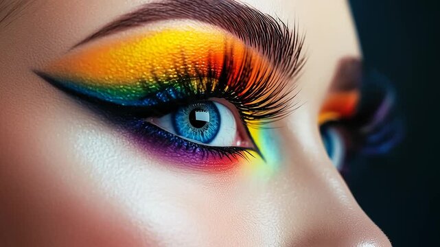 Vibrant rainbow eye makeup close-up with dramatic false eyelashes