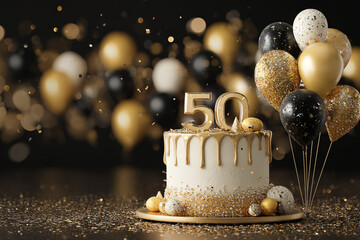 Elegant 50th birthday cake with gold and black balloons and confetti