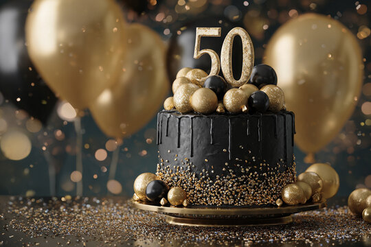 Elegant black and gold 50th birthday cake with balloons and confetti - Powered by Adobe