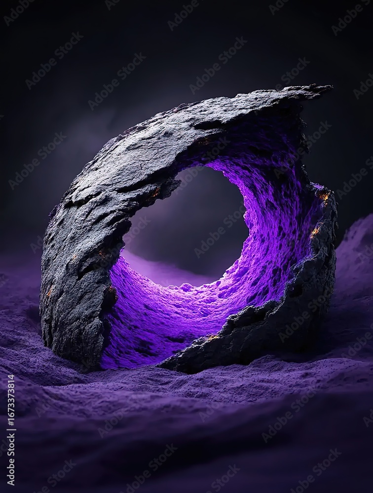 Aufkleber purple light shines on stone creating circular hollow with rough texture on black background. warm t
