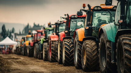 Obraz premium Row of colorful tractors lined up on a muddy road at a rural machinery exhibition under cloudy sky