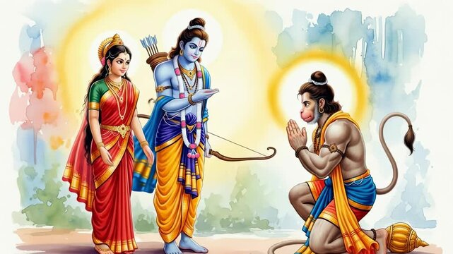 Devotional Watercolor Painting Depicting Hanuman Kneeling Before Lord Rama and Sita, Reverence and Loyalty in a Divine Indian Art Style