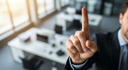 Modern businessman touching virtual screen with finger in bright office space, ready to innovate and lead digital transformation now