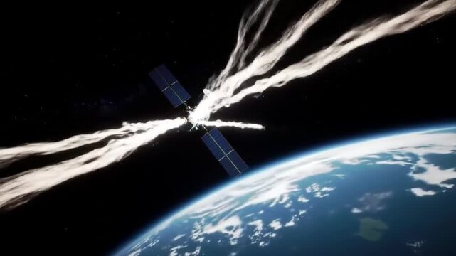 Satellite Explosion Over Earth: White Debris Trails Against Dark Space
