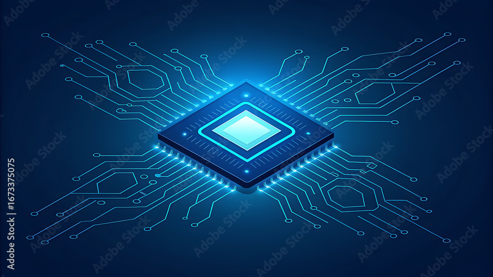 Aufkleber isometric computer microchip with glowing circuitry processor technology