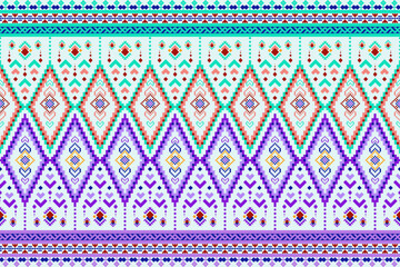 The geometric pixelated background composition uses two primary tones, blue and purple.