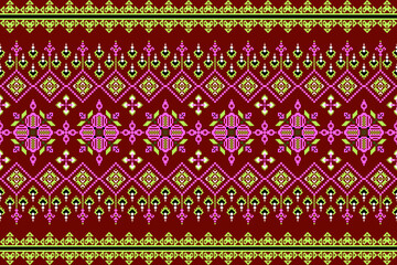 Geometric patterns and floral shapes are the elements on a dark pink background.