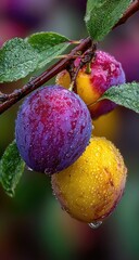 Close-up of plump plums, wet with dew, on a branch