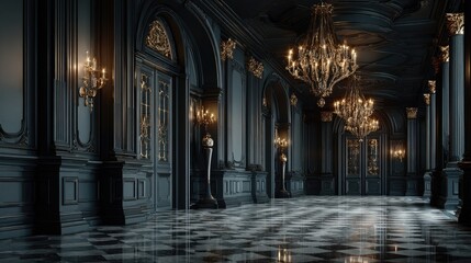 Dark, opulent hallway with ornate details