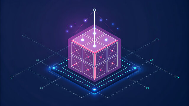 Isometric Cube with Digital Network Connections and Glowing Purple Accents technology