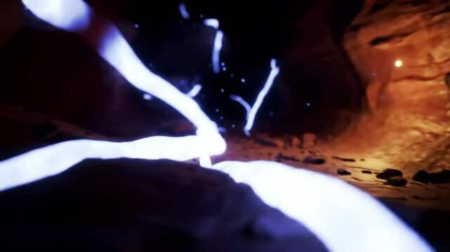Glowing Blue Energy Streaks in Dark Cave