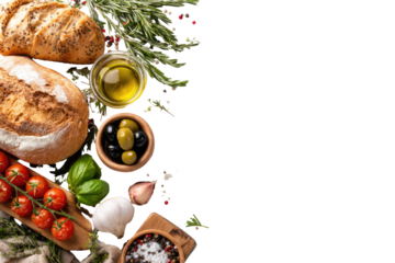 Fresh bread, vegetables, and herbs