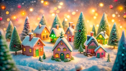 Enchanting Christmas Village Scene with Snow Covered Houses and Trees