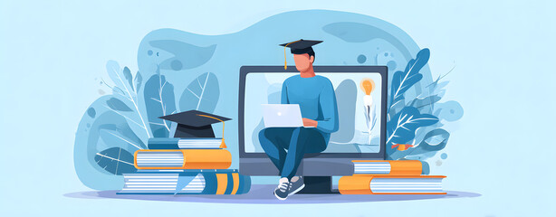 Concept of Online education. man use Online educatio training and e-learning wbinar on internet for persnal development and profesional qualifications. Digial courses to develop new kills.