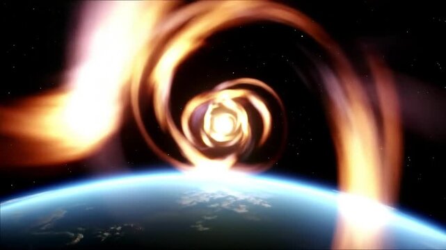 Swirling Orange Cosmic Vortex Above Earth