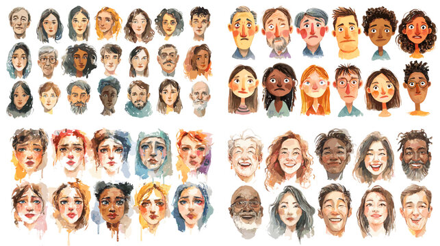 Hand-painted watercolor portraits of diverse people with expressive faces. Perfect for art projects, diversity themes, character design, and emotional illustration.