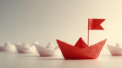 Red origami boat with flag among white boats light backdrop Thanksgiving card kids craft flat lay