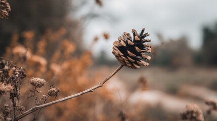 Close-up of a dried pine cone on a branch.
