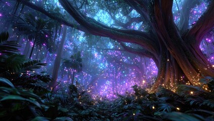 Mystical glowing forest path, bioluminescent plants