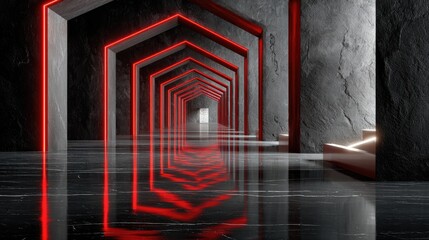 Dark, futuristic hallway with red neon accents