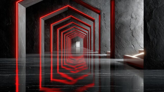 Dark, futuristic hallway with red neon accents