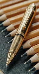 Gold pen rests on a bed of sharpened pencils