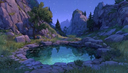 Serene night scene, tranquil pool nestled in a rocky mountain valley under a starry sky