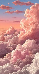 Pink and peach cloudscape at sunset, viewed from above