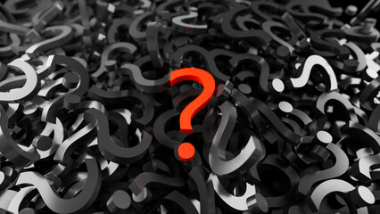 3D illustration of black question marks with one red mark standing out as a symbol of curiosity, problem solving, decision making, and finding answers.