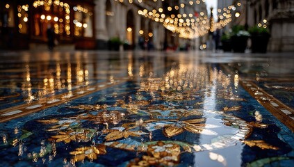 Wet, ornate tile reflects city lights at night